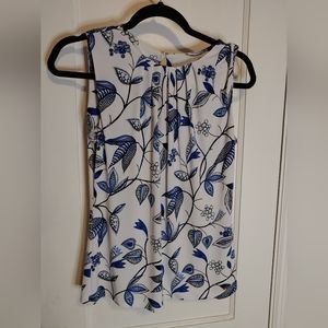 Small Calvin Klein Matte Floral Printed Pleated Neck Sleeveless Top Blue White